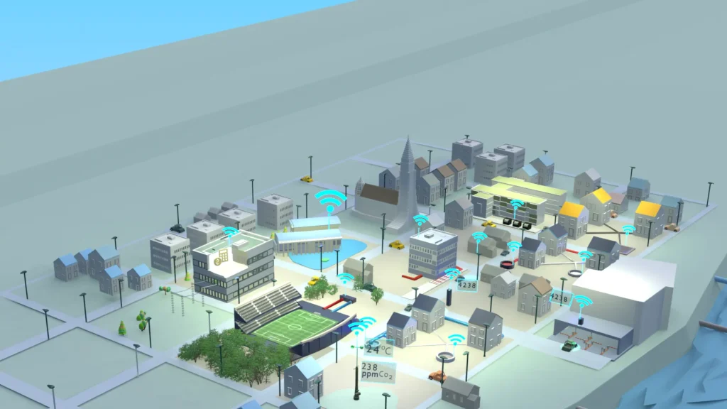 Low poly city draft model of Reykjavik in a 3D animation, featuring Vistas Engineering's smart city solutions - establishing main themes