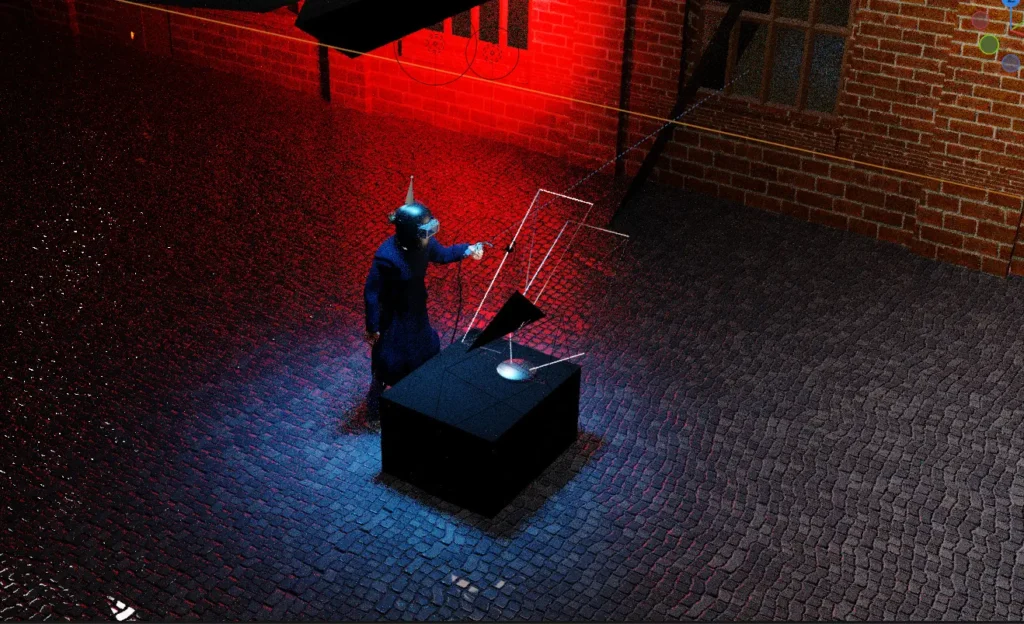 3D welding animation from above still — sparks and dramatic lighting on wet cobblestone at night