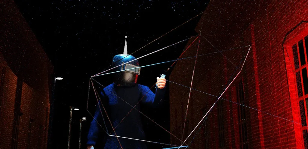still from 3d animation video showing welding