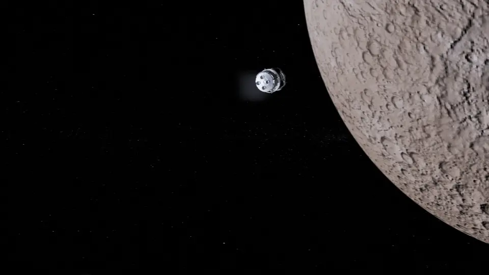 Planet Surface Preparation A 3D animated rocket ascends towards the moon, surrounded by a dark, star-filled sky.